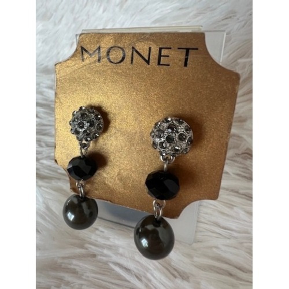Monet Drop Earrings Black Silver Rhinestone Dangle Crystal Pearl Art Deco Glam - Picture 4 of 13